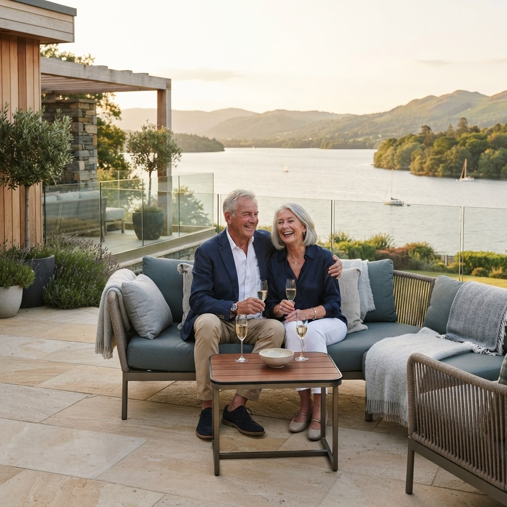 Older couple enjoying a calm lakeside patio